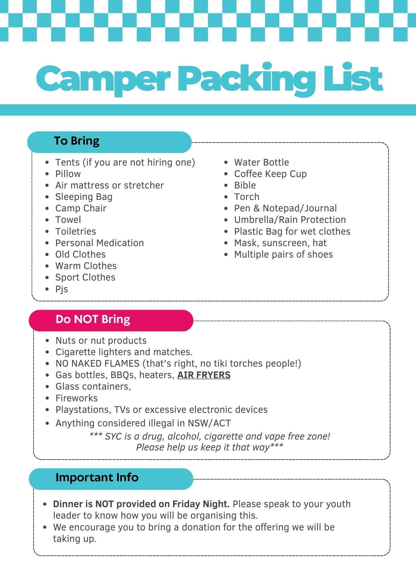 SYC Packing List